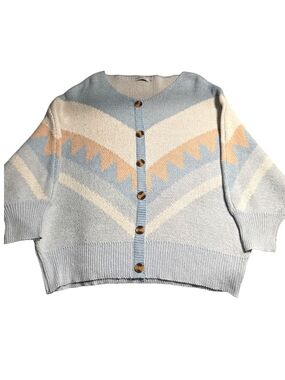 Light Blue Chevron Pattern Button-Front Women's Sweater Cardigan